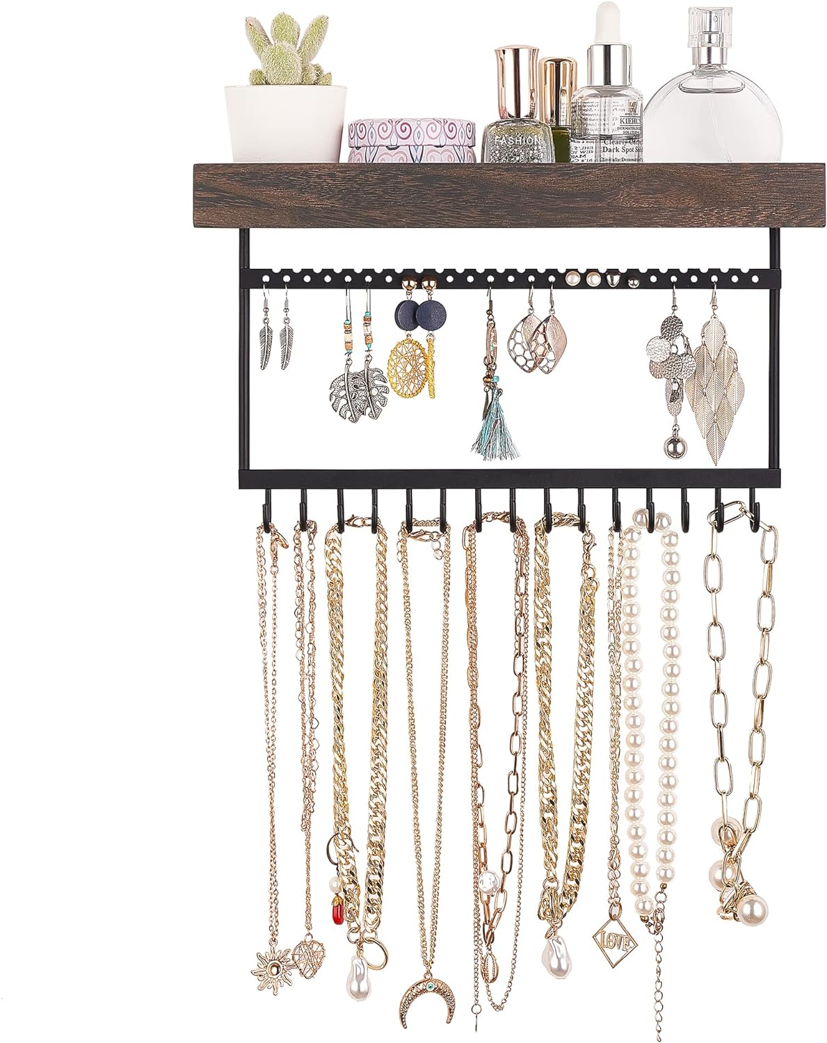Mkono Hanging Jewelry Organizer Necklace Holder with Hooks Rustic Wall Mount Wood Shelf Jewelry Hanger Display for Earrings Necklaces Bracelet Rings