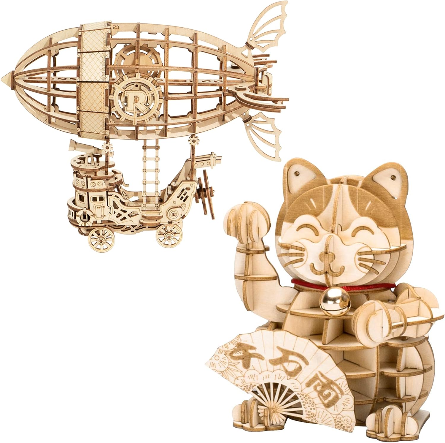 Rolife 3D Wooden Puzzles DIY Model Kits for Adults and Teens to Build Gift for Family and Friends (Airship&Lucky Cat)