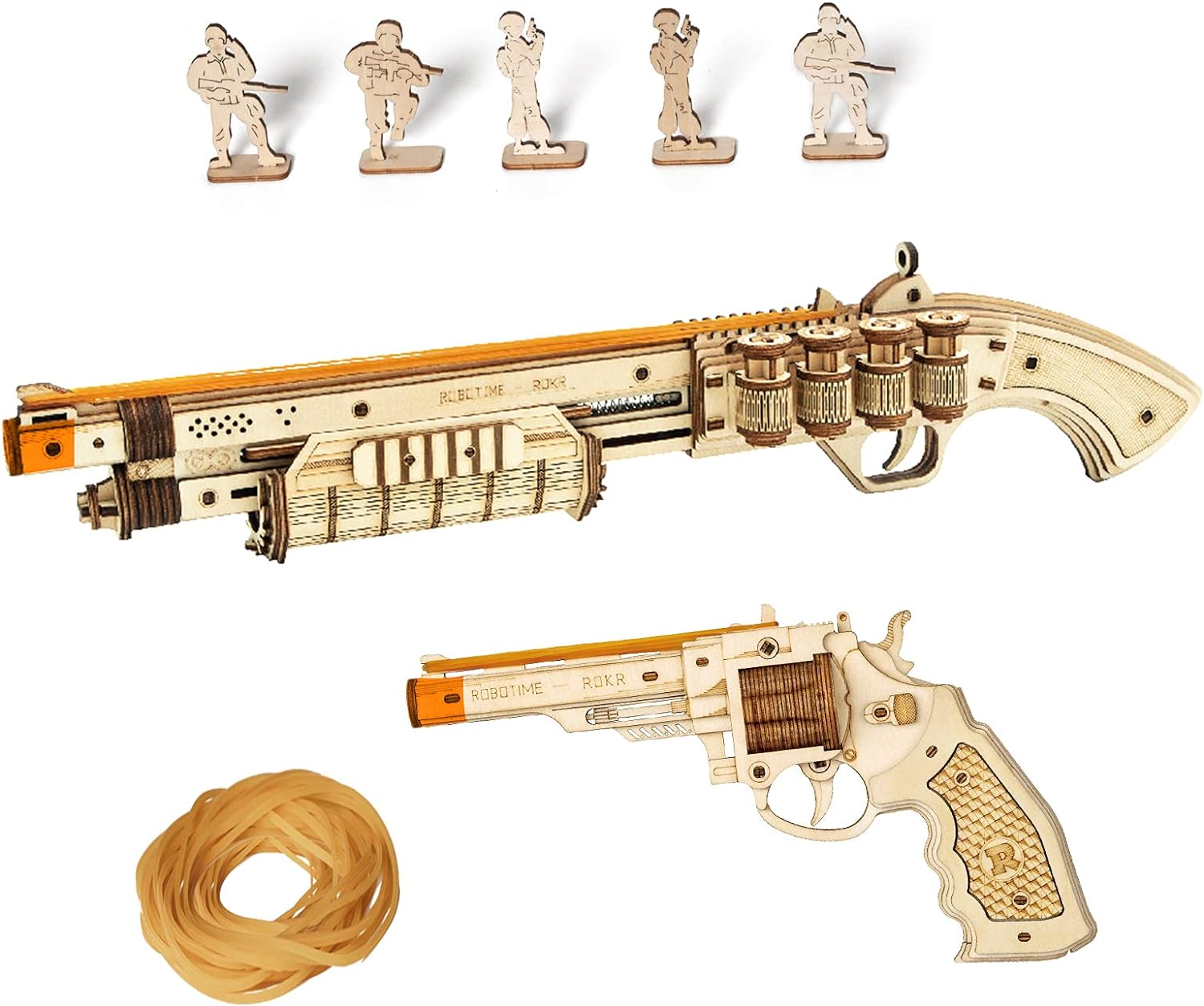 ROKR 3D Wooden Puzzles Combat Game Gun Toys Mechanical Model with Villains Targets & Rubber Bands for Teens/Adults