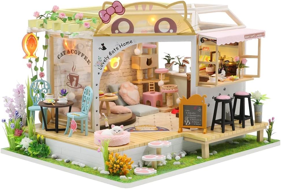 Lannso DIY Dollhouse Miniature Wooden Furniture Kit, Doll House Kit with Dust Proof Cover and Music Box, Mini Handmade Wooden Dollhouse Toys for Adult Gift (M2111)