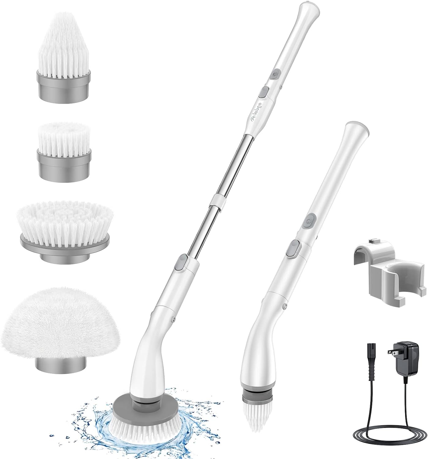 LABIGO Electric Spin Scrubber LA1 Pro, Cordless Spin Scrubber with 4 Replaceable Brush Heads and Adjustable Extension Handle, Power Cleaning Brush for Bathroom Floor Tile (White)