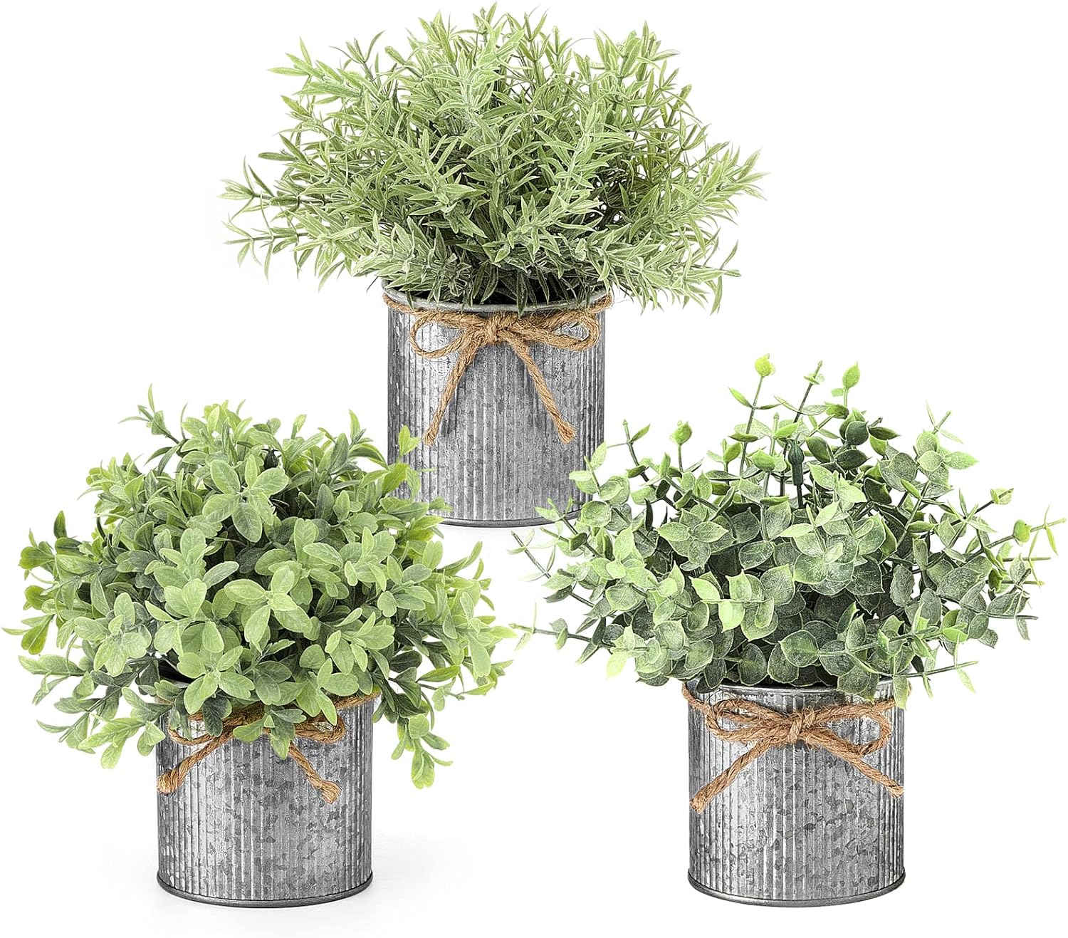 Mkono Fake Plants in Farmhouse Galvanized Pots Table Centerpiece 3 Pack Potted Artificial Plants Faux Eucalyptus for Shelf Office Rustic Home Decor