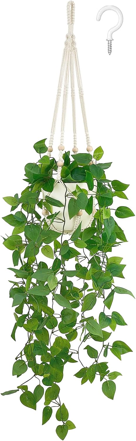 Mkono Fake Hanging Plant with Pot, Artificial Plants for Home Decor Indoor Macrame Plant Hanger with Faux Vines Hanging Planter Greenery for Bedroom Bathroom Kitchen Office Decor, Ivory (Pothos)