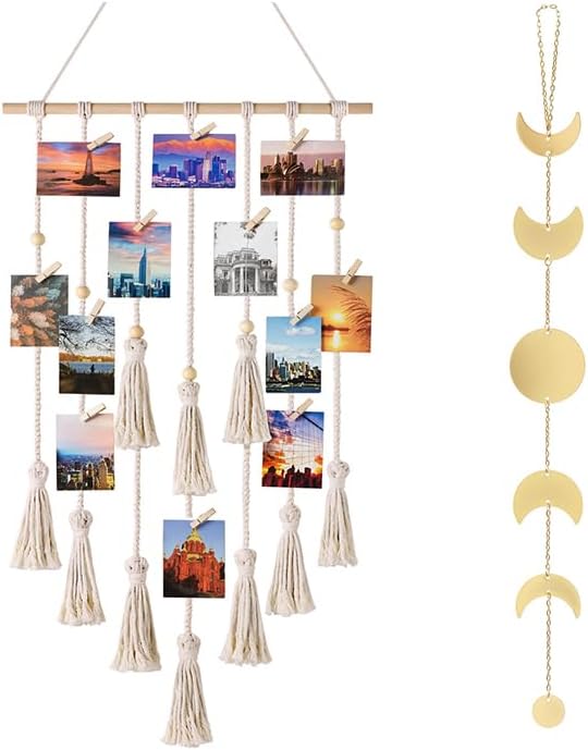 Mkono Hanging Photo Display with Light and Moon Phase Wall Hanging Boho Home Decoration Ornaments for Bedroom Headboard Living Room Dorm Nursery, Set of 2