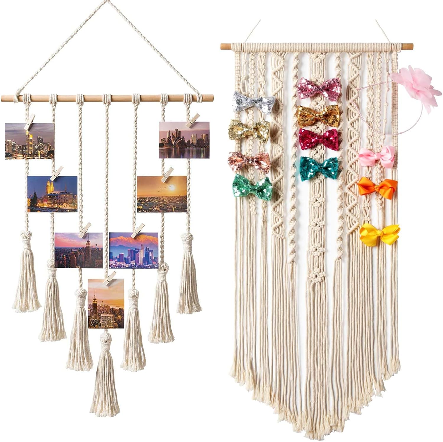 Mkono Hanging Photo Display Boho Macrame Teen Girl Women Gift Room Decor and Macrame Bow Holder Hanging Hair Bow Organizer for Girls Hair Bows,Boho Wall Hair Clips Headband Storage