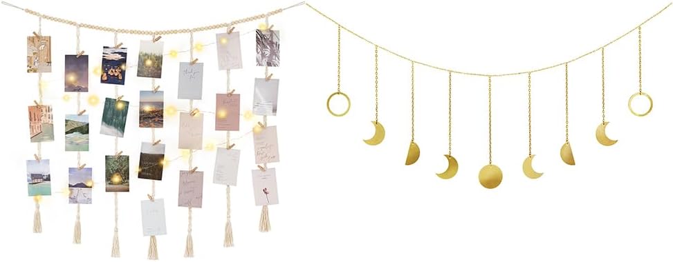 Mkono Macrame Hanging Photo Display with Lights and Moon Phase Wall Hanging for Bedroom, Living Room, Nursery, Dorm, Teen Girl Gifts, Set of 3