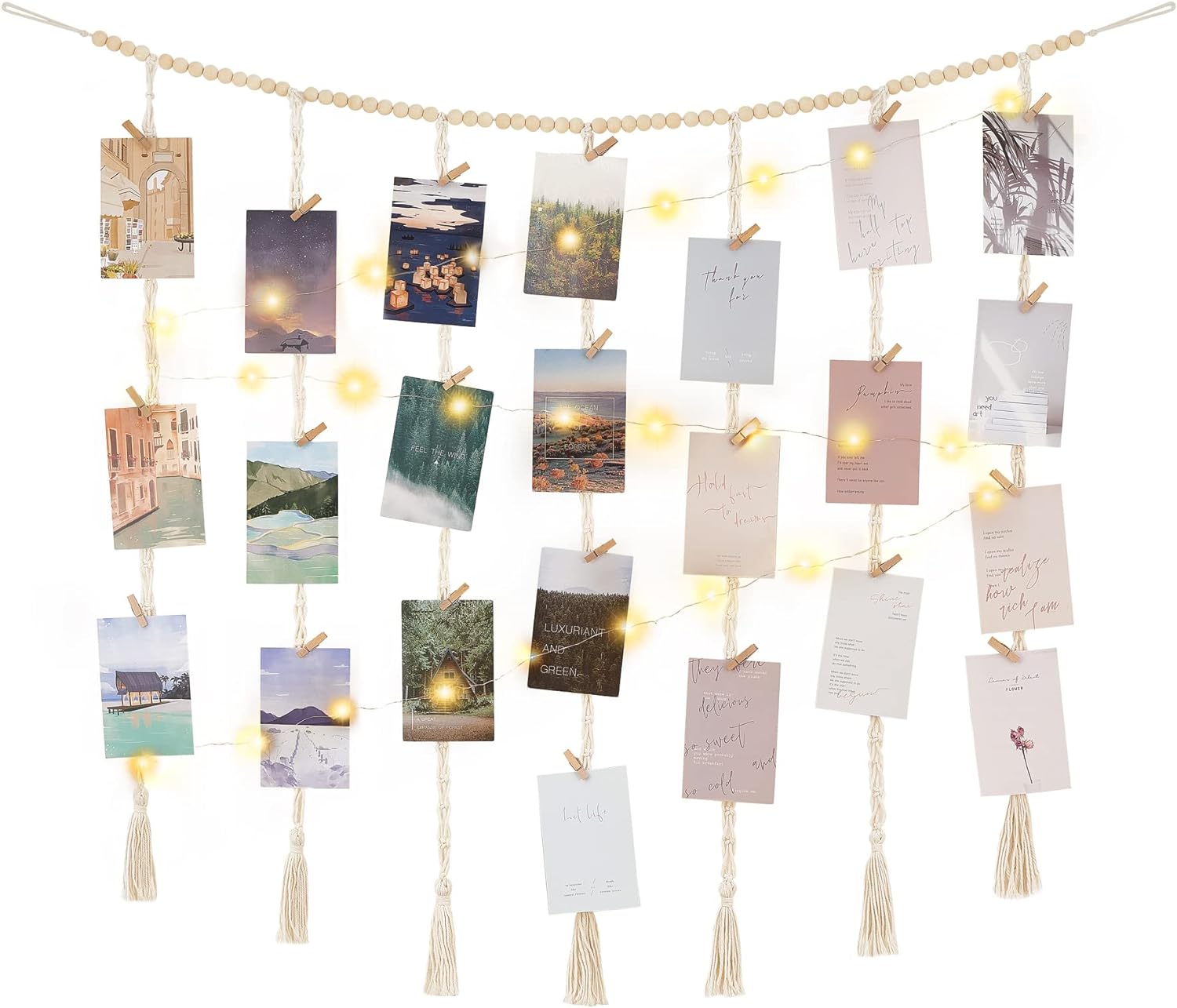 Mkono Macrame Hanging Photo Display Wall Decor with String Lights, Boho Wooden Beads Garland Collage Picture Card Frame Holder with 45 Clips for Bedroom Living Room Dorm, Teen Girl Teenage Gifts
