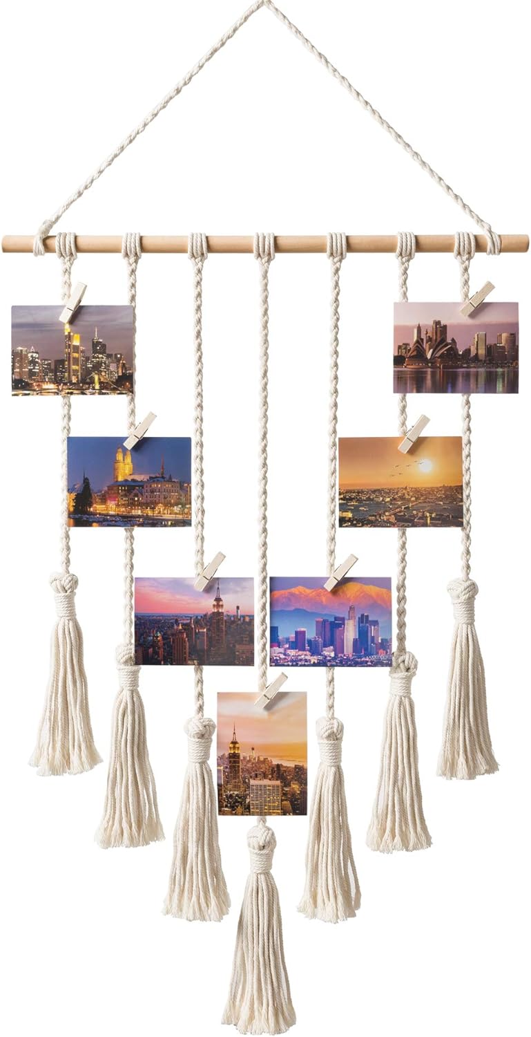 Mkono Hanging Photo Display Boho Macrame Teen Girl Women Room Decor, Pictures Cards Holder Wall Art for Bedroom Livingroom Dorm Home Birthday Gift, with 25 Wood Clips, 27 L x 16.5''W