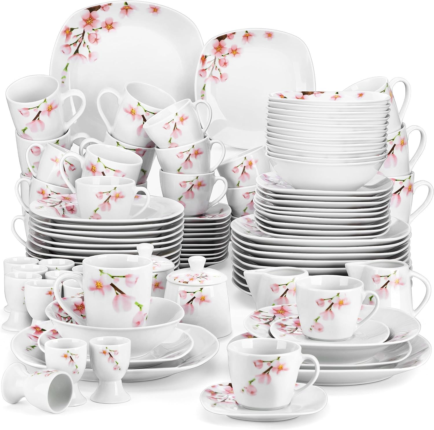 VEWEET, Series Annie, 100-Piece Dinnerware Sets for 12, Including Porcelain Plates Sets, Bowls, Mugs, Egg Cups, Cup and Saucer Set, Milk Jug and Sugar Pot Set, Microwave and Dishwasher Safe