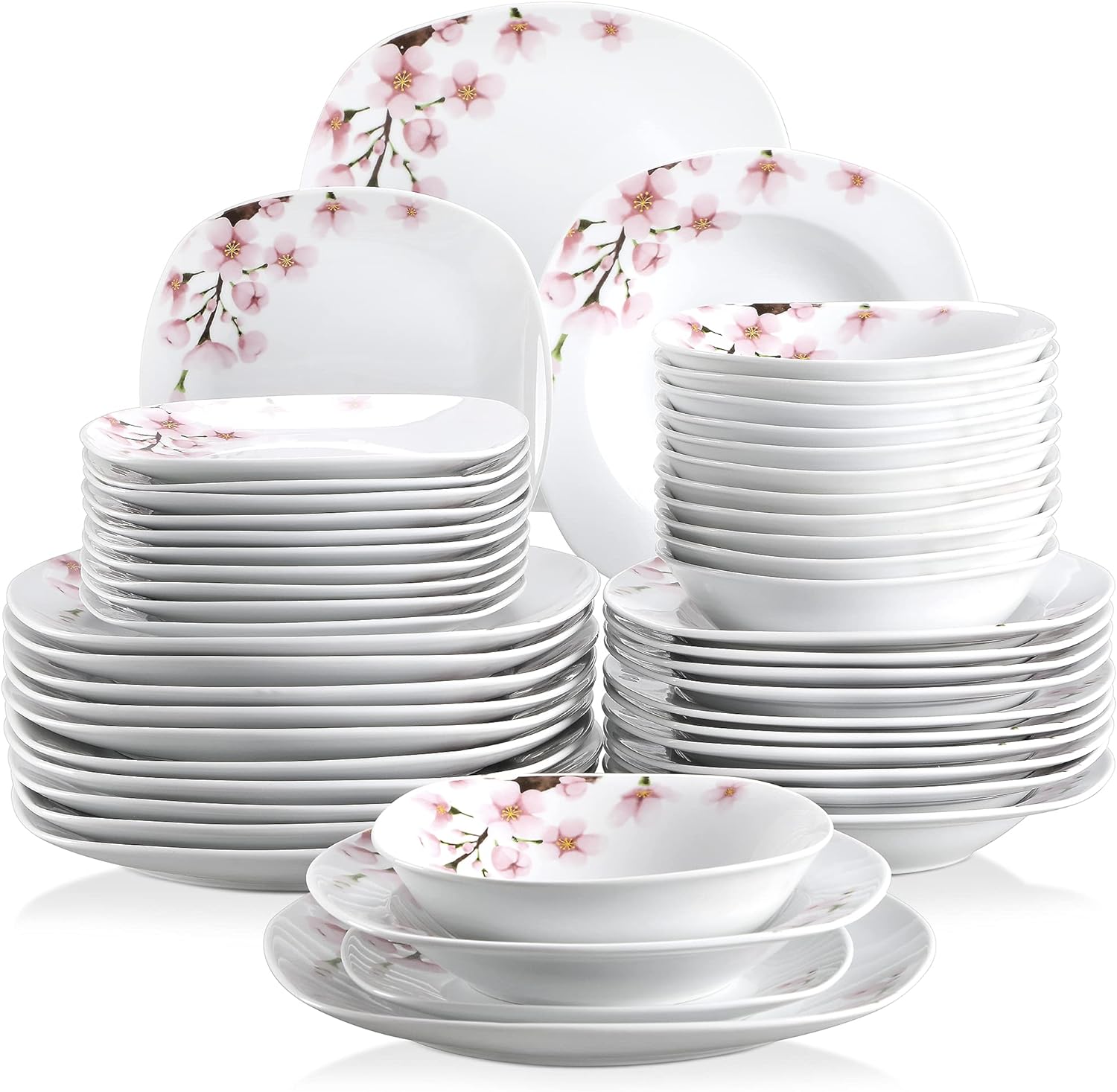 VEWEET, Series Annie, 48-Piece Ivory White Ceramic Porcelain Dinnerware Set with Pink Floral Pattern, including Dinner Plates, Dessert Plates, Soup Plates and Bowls, Service for 12