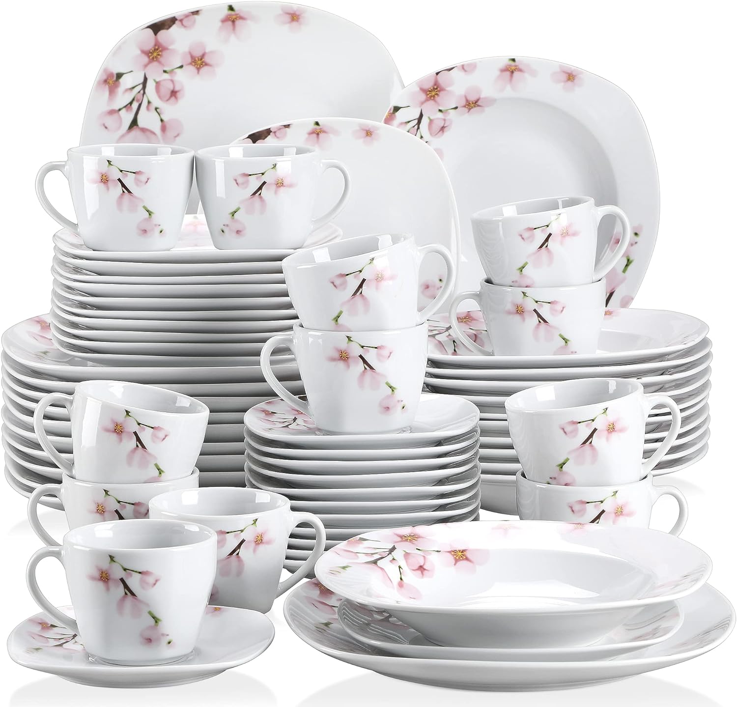 VEWEET, Series Annie, 60 PCS Porcelain Dinnerware Set with Pink Floral, White Plates and Bowls Sets including Dinner Plates, Dessert Plates, Soup Plates Set, Cups & Saucers, Dishes Set for 12