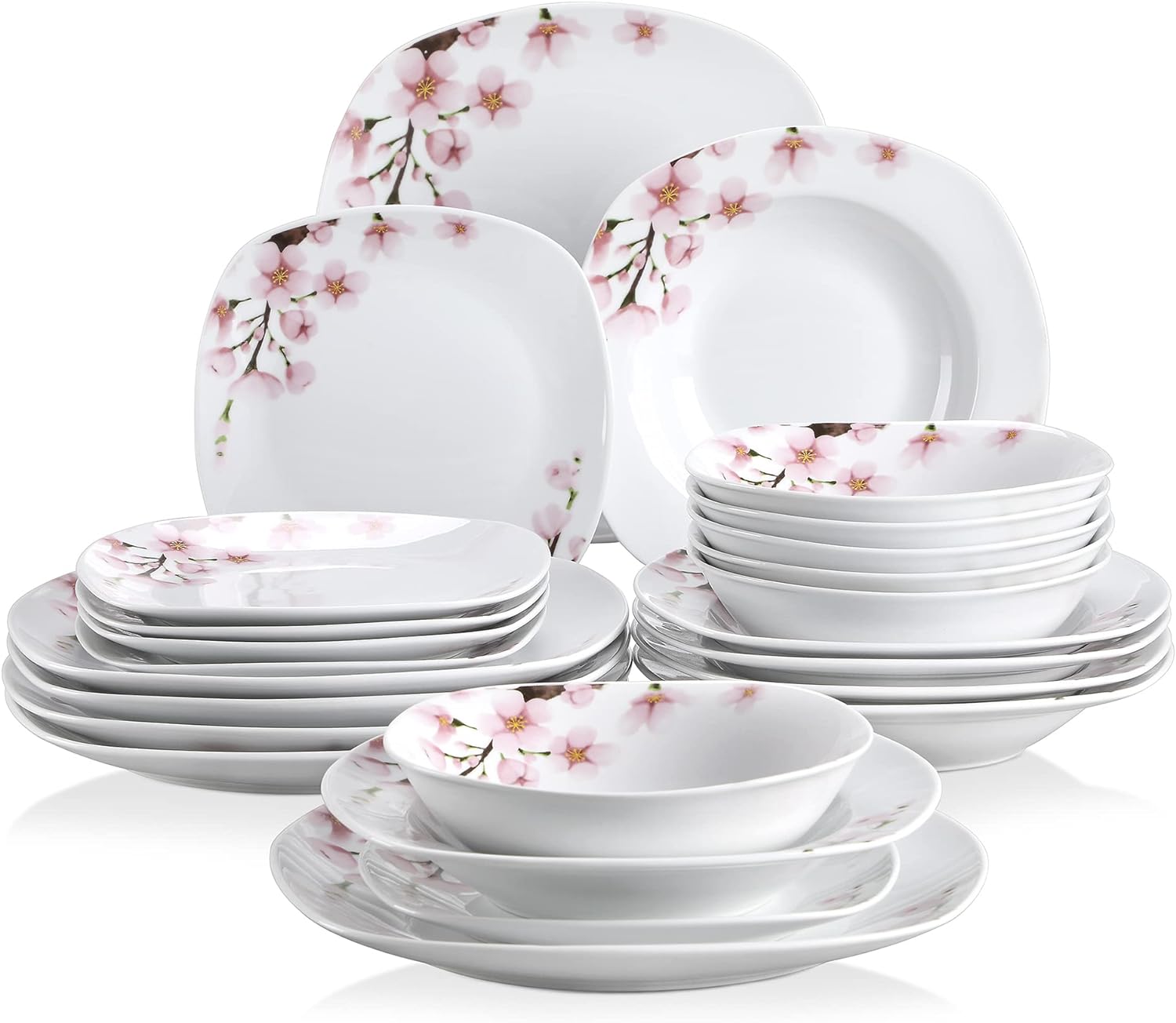 VEWEET, Series Annie, 24-Piece White Dinnerware Sets for 6, Porcelain Plates and Bowls Sets with Pink Floral including Dinner Plates, Dessert Plates, Soup Plates and Bowls