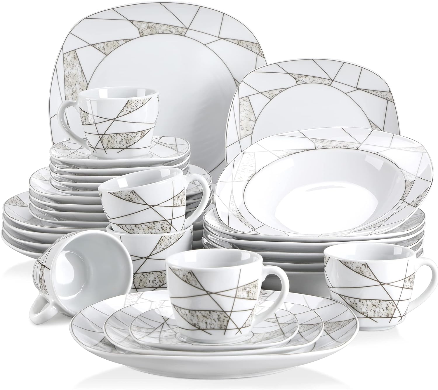 VEWEET, Series Serena, 30-Piece Ivory White Porcelain Ceramic Dinnerware Set Irregular Patterns Square Tableware Set with Dinner Plate, Soup Plate, Dessert Plate, Saucer and Cup, Service for 6