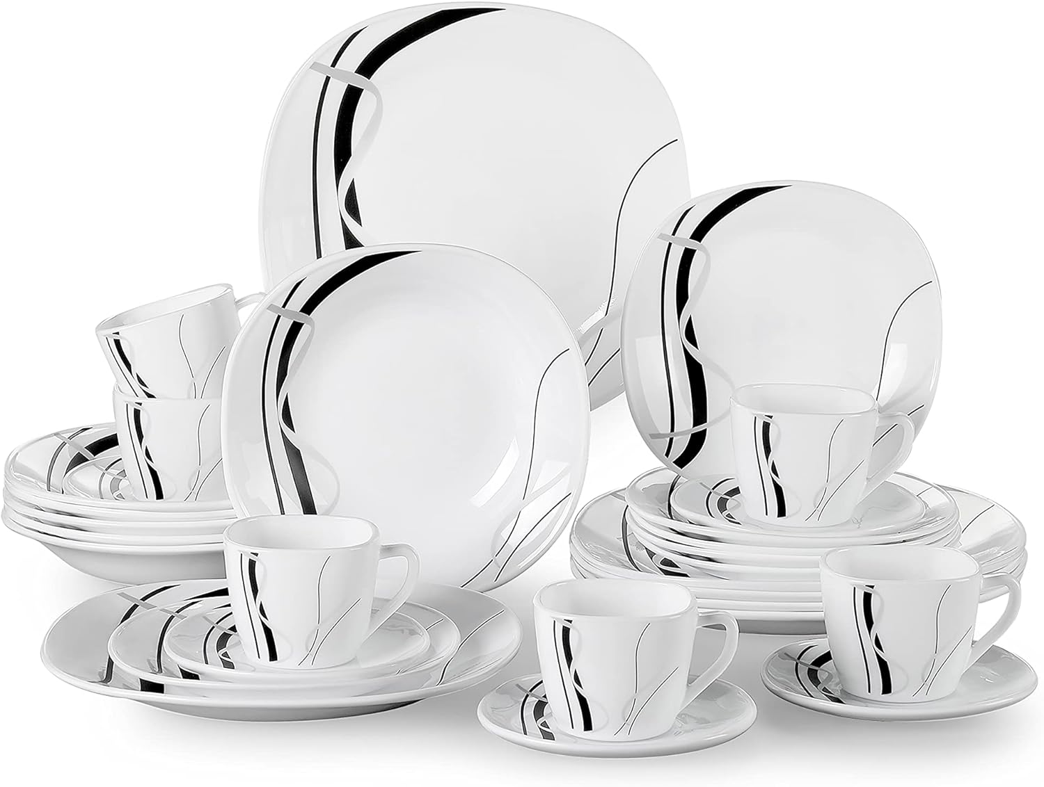 VEWEET Fionaglas 30-Piece Dinnerware Set Ivory White Opal Glassware, Break Resistant Dinner Sets with Dessert Plates/Soup Plates/Dinner Plates/Cups/Saucers Service for 6