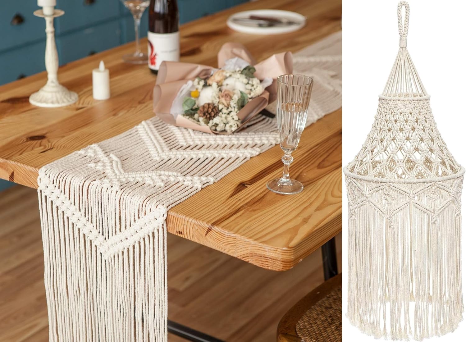Mkono Boho Macrame Table Runner and Lamp Shade, Woven Christmas Party Decor Handmade Linen Placemats Light Cover Home Decoration for Dining Room Kitchen