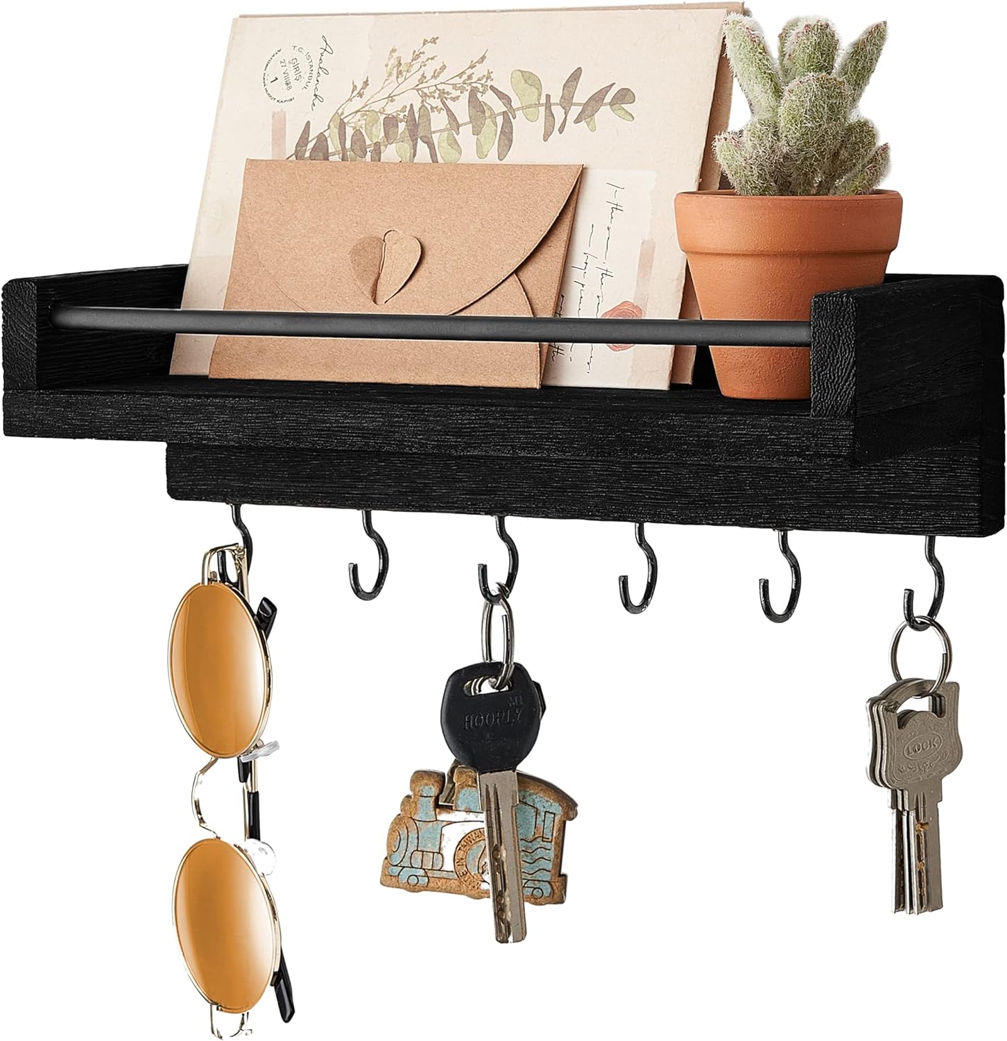Mkono Key Holder for Wall, 9.5 x 3.5 x 2.5 Small Black Wood Floating Shelf with 6 Hooks Decorative Display Key Hanger for Living Room, Entryway, Bedroom, Bathroom,Office, Rustic Home Decor