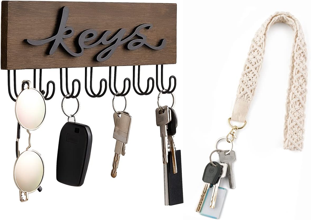 Mkono 2 Pack Keys Organizer, Key Holder for Wall Decorative with 7 Hooks and Macrame Lanyards for Keys ID Badges