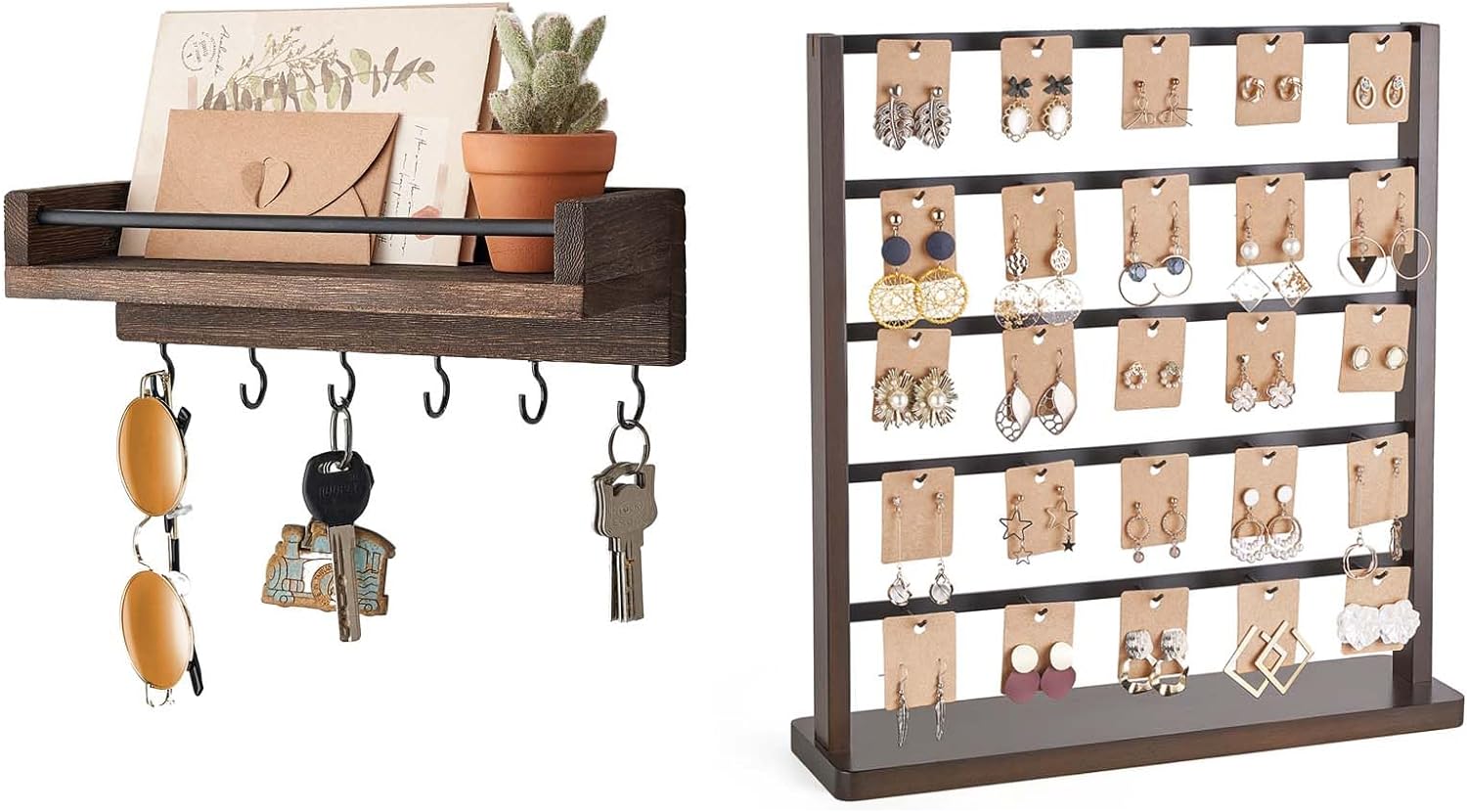 Mkono Key Holder for Wall Small Key Rack Decorative Display Keys Hanger and Earring Display Stands Wooden Earring Holder Organizer with 25 Hooks Earring Organizer 5 Layer Jewelry Display