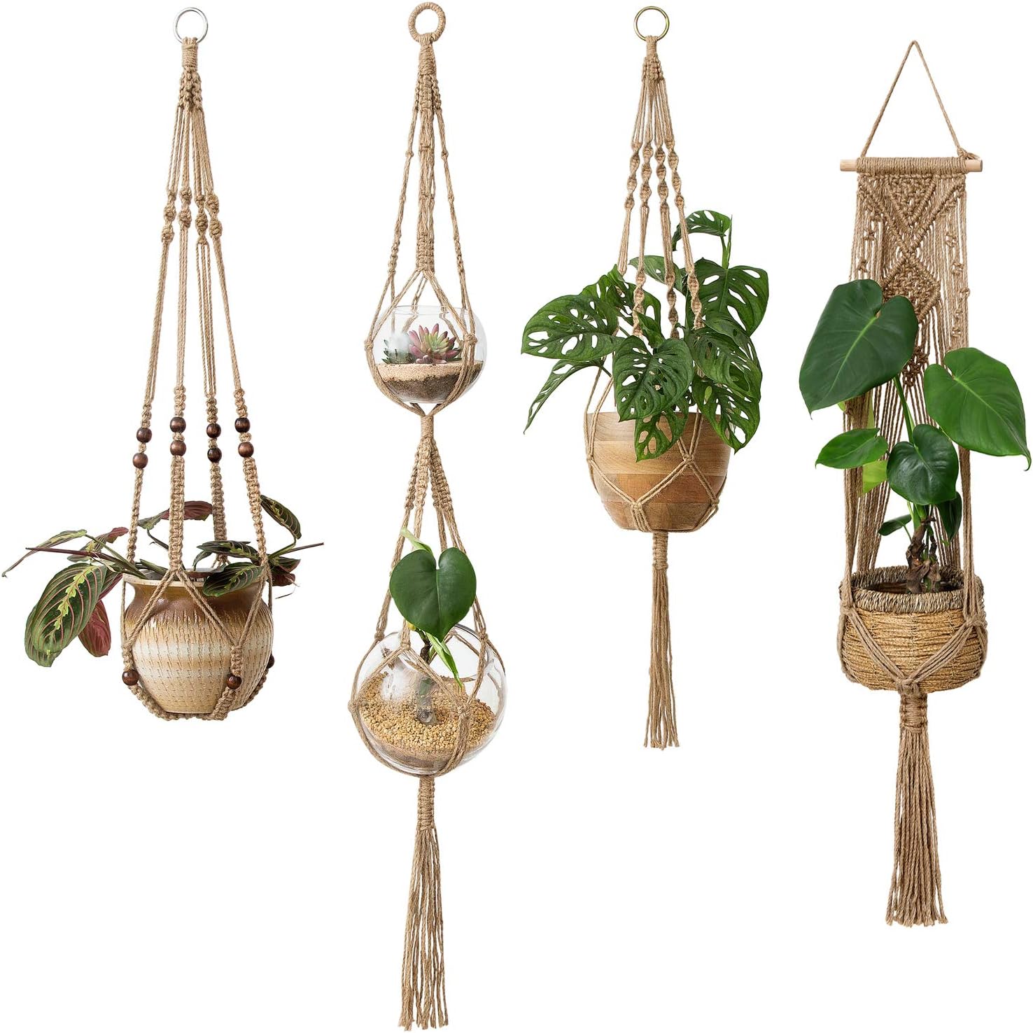 Mkono Macrame Plant Hangers 4 Pcs Indoor Outdoor Hanging Planter Basket Jute Rope Flower Pot Holder Boho Hippie Style