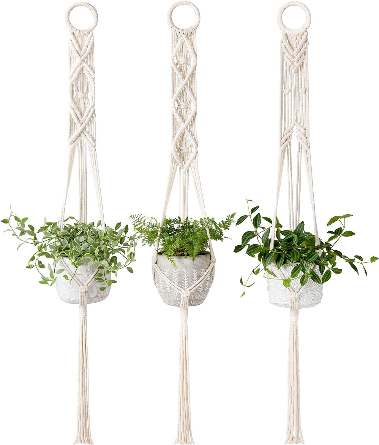 Mkono Macrame Plant Hangers Set of 3 Indoor Wall Hanging Planter Basket Flower Pot Holder Boho Home Decor 39 Inch, Ivory