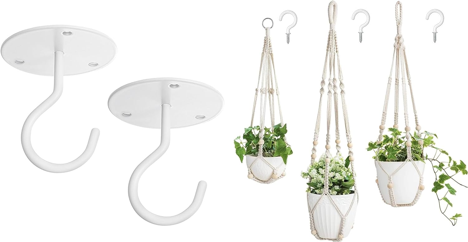 Mkono 3 Pack Macrame Plant Hangers and Ceiling Hooks, Different Size Hanging Planter Basket Flower Pot Holder with BeadsMedium, Ivory