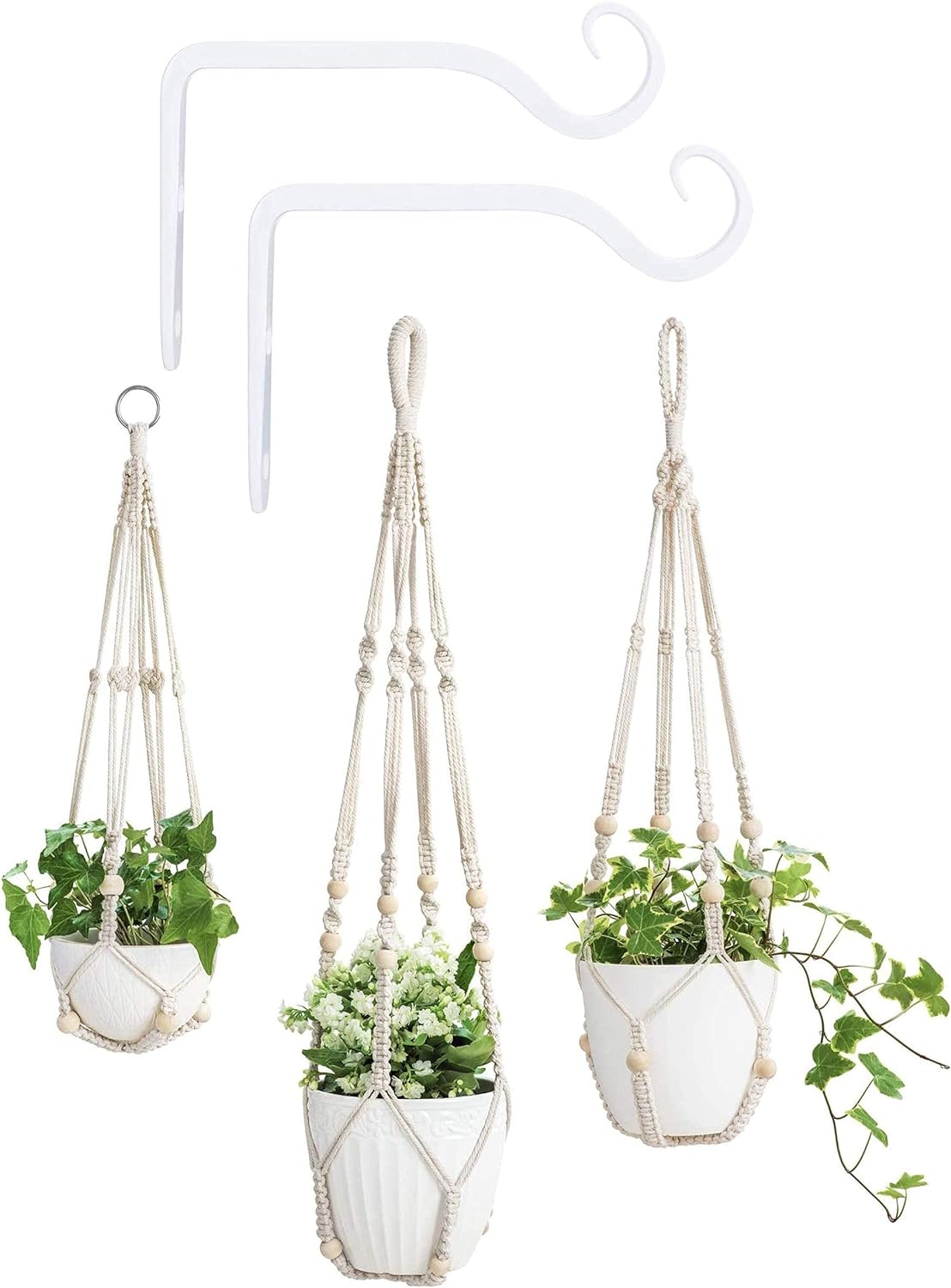 Mkono 3 Pack Macrame Plant Hangers and 2 Pack Wall Hook Hanging Plant Bracket, Flower Pot Holder Cotton Rope with Beads No Tassels, 23''/29''/35''