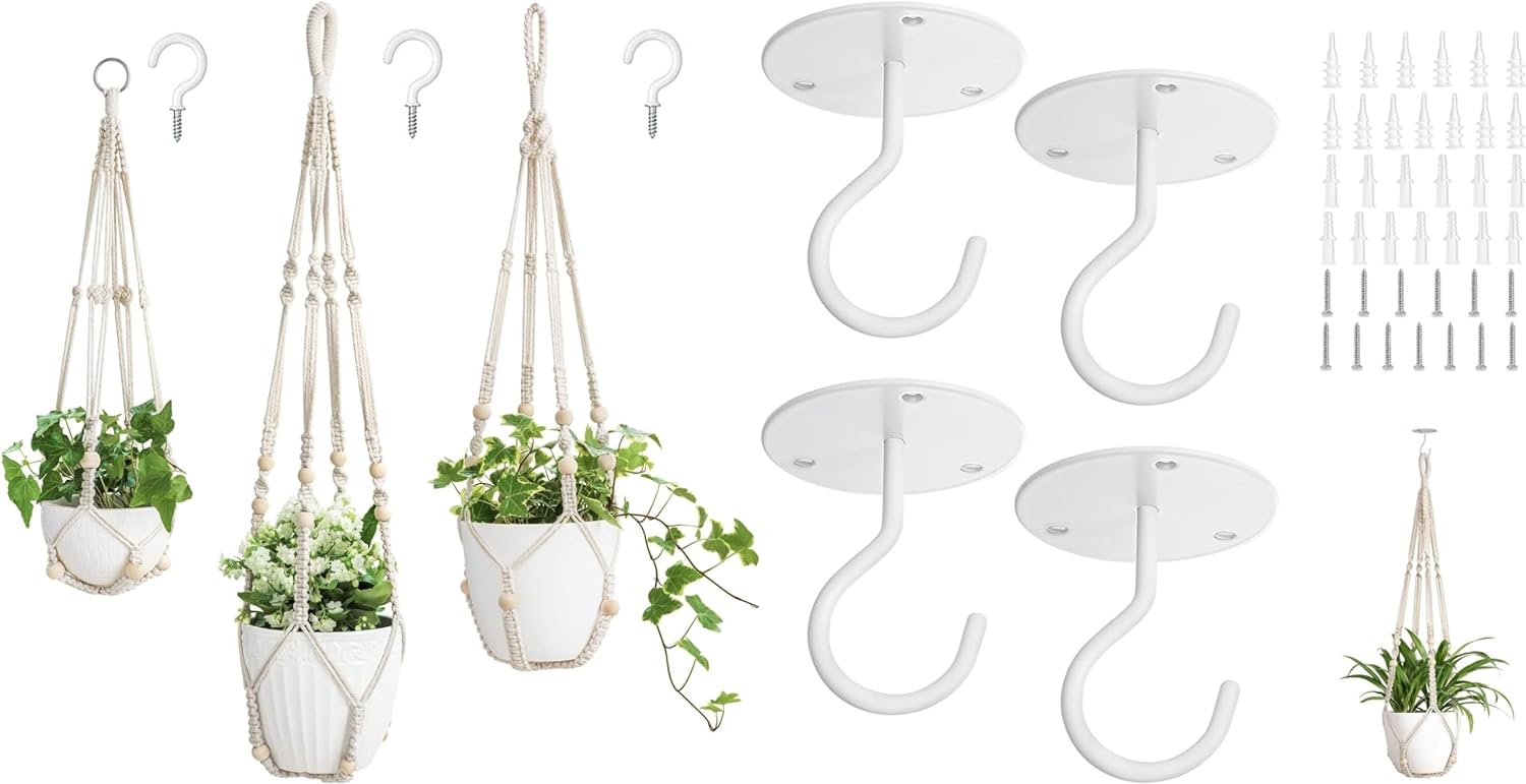 Mkono 3 Pack Macrame Plant Hangers and 4 Pack Ceiling Hooks Indoor Different Size Hanging Planter Basket Flower Pot Holder with Beads No Tassels
