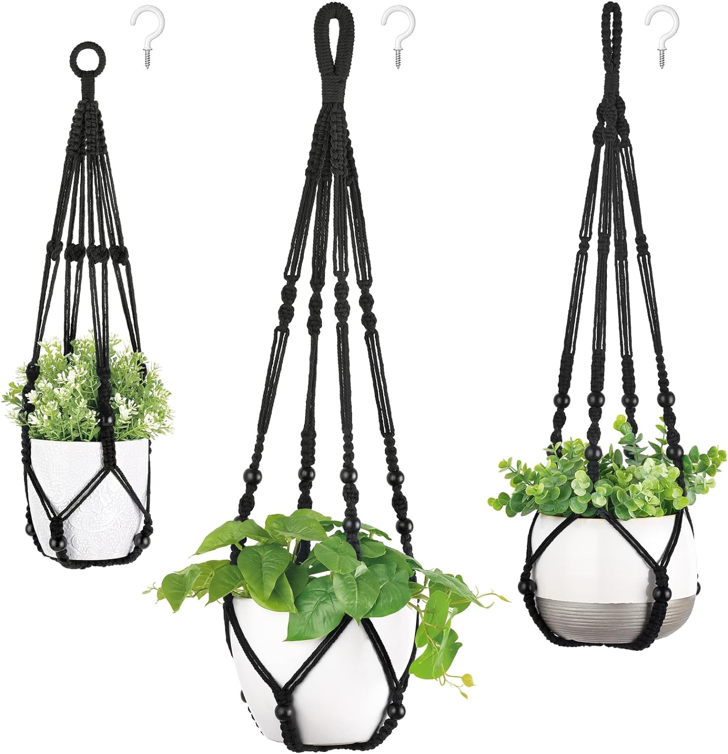 Mkono 3 Pack Macrame Plant Hangers Indoor Different Size Hanging Planter Basket Flower Pot Holder with Beads No Tassels 35/29/23, Medium, Black
