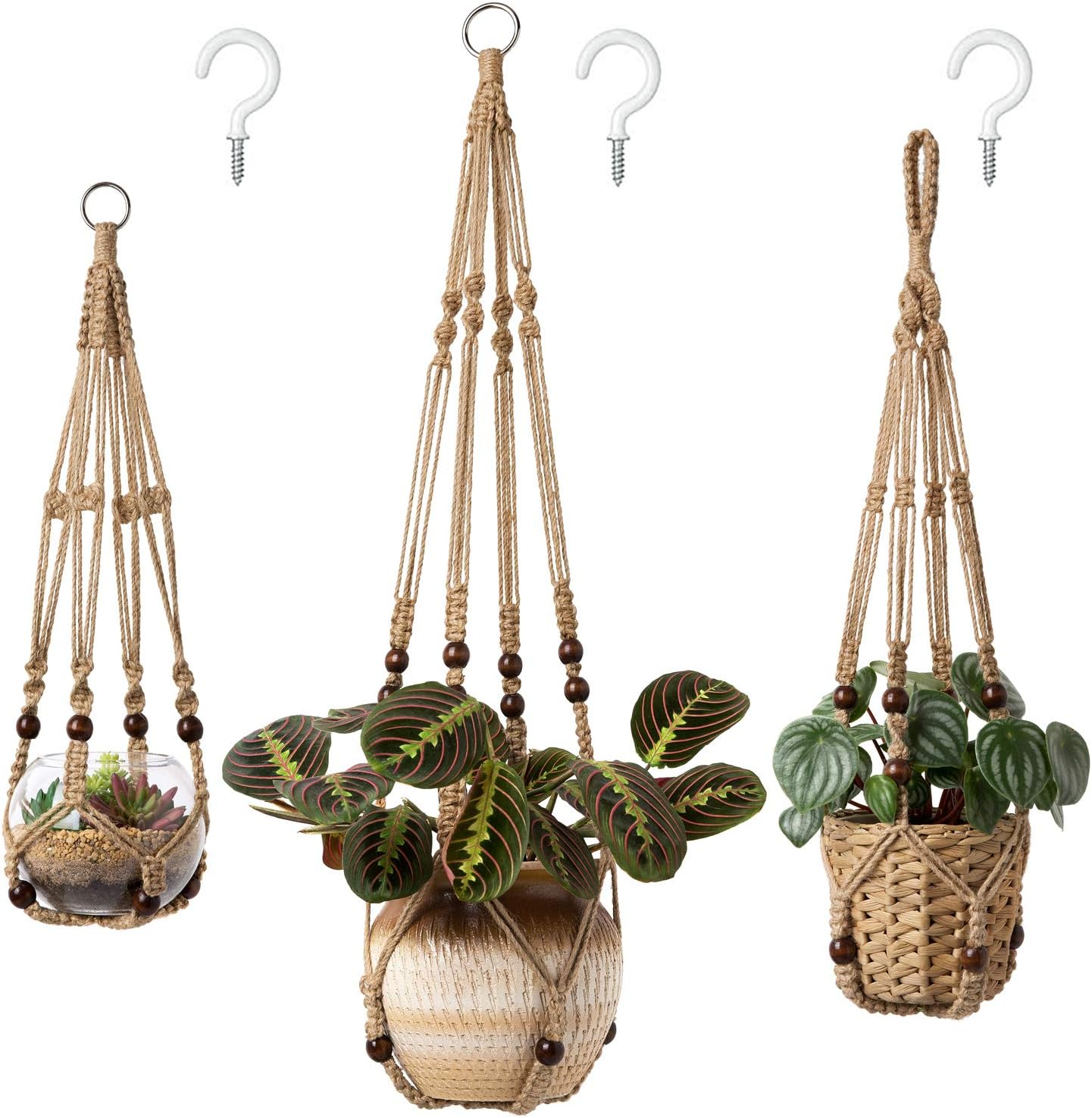Mkono 3 Pack Macrame Plant Hangers Indoor Different Size Hanging Planter Basket Flower Pot Holder with Beads No Tassels 35/29/23, Medium, Brown