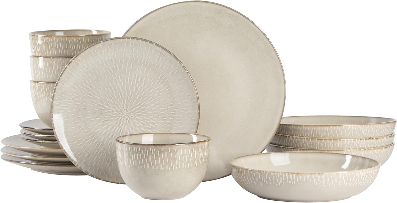 Gibson Elite Matisse Double Bowl Dinnerware Set, Service for 4 (16pcs), Taupe