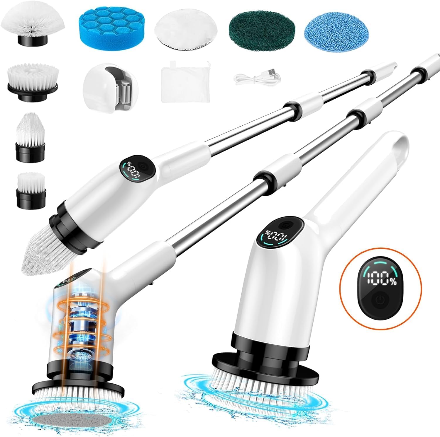 Electric Spin Scrubber, FRIWOLE Upgrade LED Display 3 Speeds Cordless Cleaning Brush with 8 Replaceable Brush Heads, with Adjustable & Detachable Handle Up to 450 RPM, for Bathtub Tile Floor