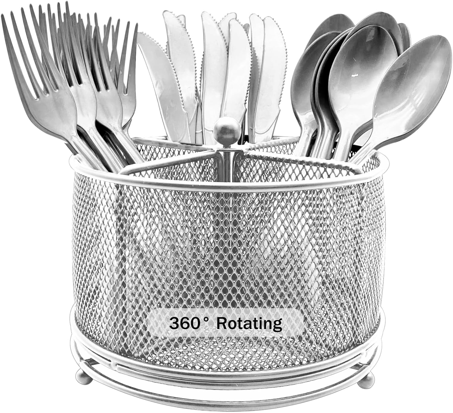 360 Rotating Metal Utensil Caddy - 4 Compartment Silverware Cutlery Holder Rotation Fork Spoon Napkin Organizer Flatware Storage Basket Party Countertop Buffet Picnic Camping Outdoor Silver