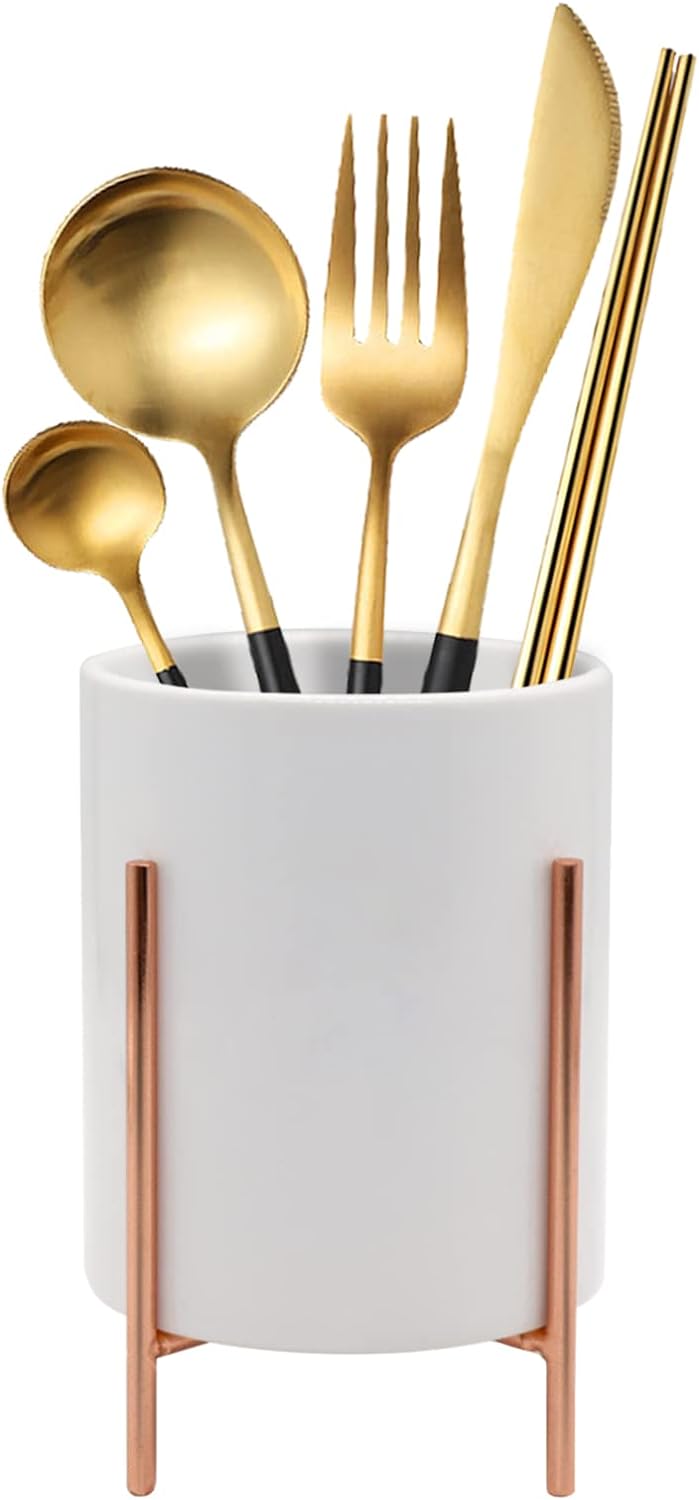 Rose Gold Cutlery Holder, Ceramic Silverware Holder with Metal Frame Kitchen Cooking Utensil Holder, Robust Silverware Caddy 4.7*3.15 inch Gold 1 PCS, Rose Gold 1 PCS