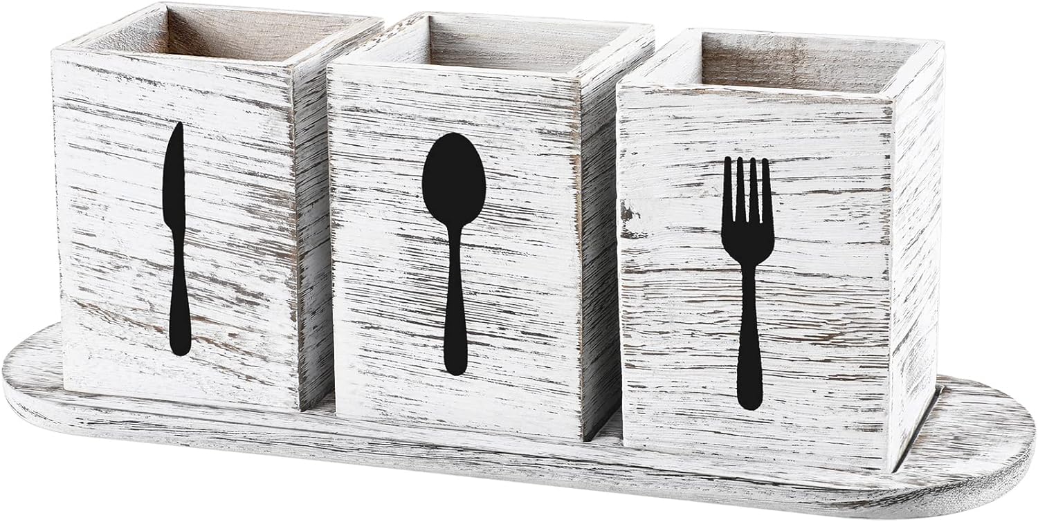 Kathfly 4 Pcs Silverware Caddy Utensil Holder for Countertop Silverware Organizer with Wood Tray Spoon Fork Holder for Kitchen Parties(Retro White)