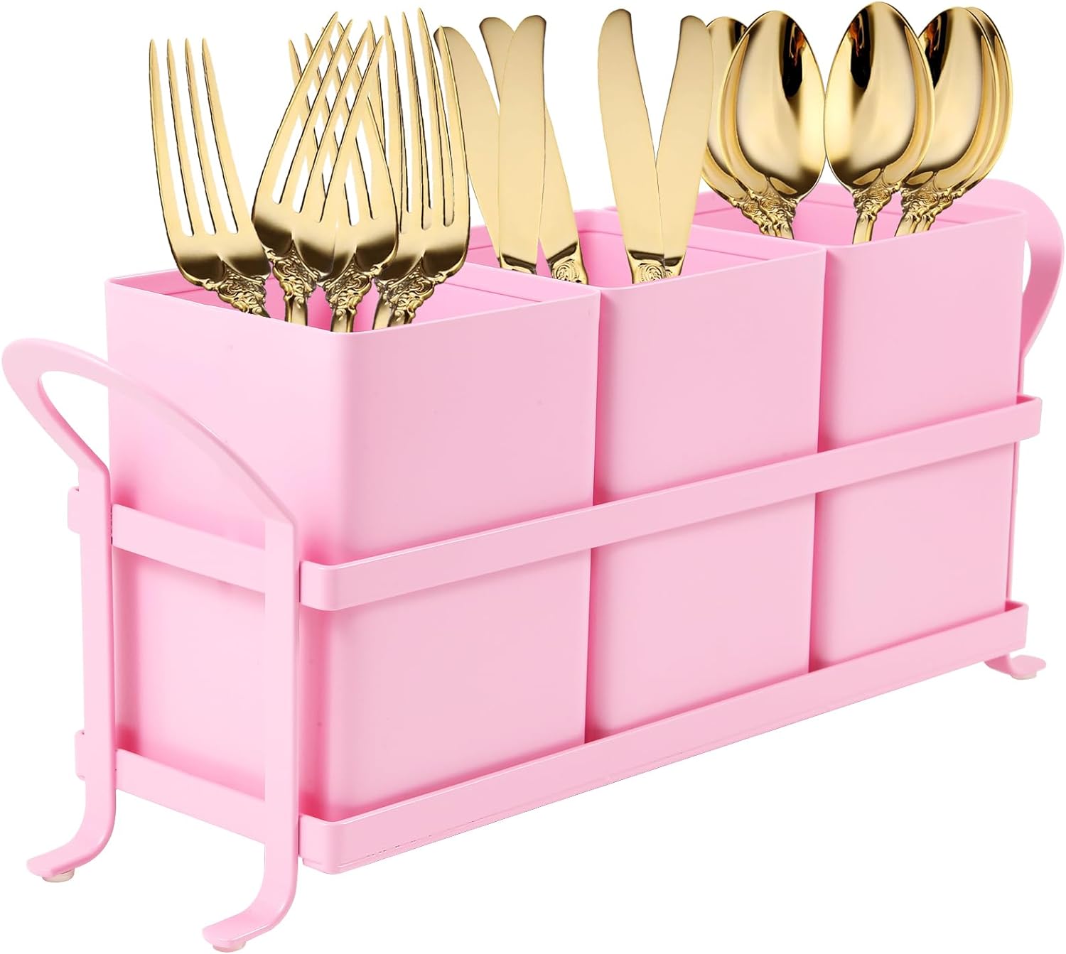 Metal Silverware Caddy,3 Compartment Utensil Holder With Metal Rack,Utensil Caddy Flatware Cutlery Organizer for Countertop Party Picnic Camping Outdoor Pink