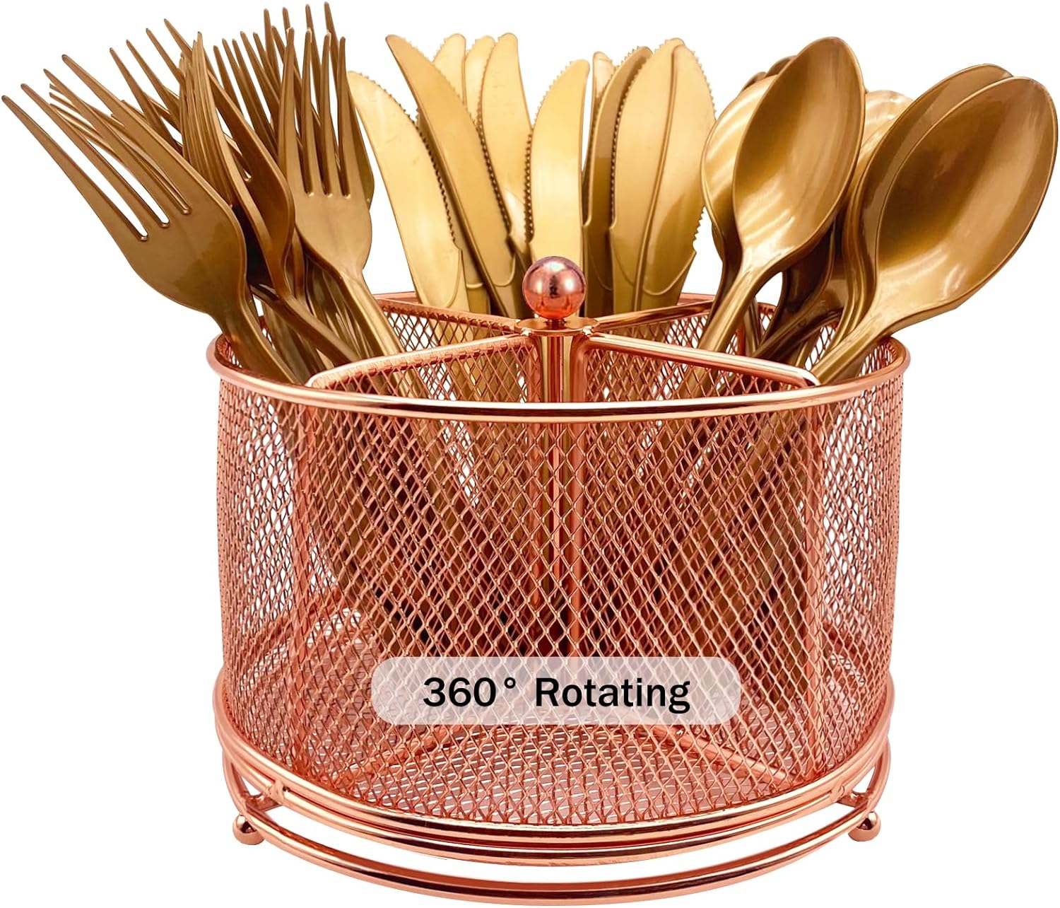 360 Rotating Metal Utensil Caddy - 4 Compartment Silverware Cutlery Holder Fork Spoon Napkin Organizer Flatware Storage Basket Party Countertop Buffet Picnic Camping Outdoor Rose Gold Pink