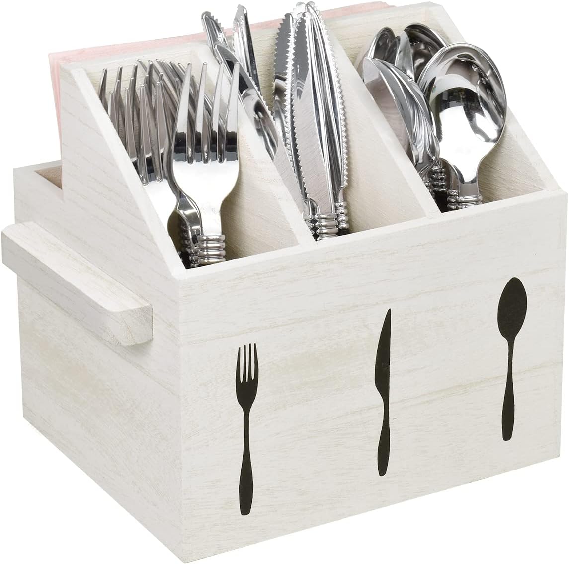 Ikee Design Wooden Utensil Caddy with Handles, Silverware Caddy , Silverware Holder for Countertop ,Party ,Camping and Kitchen, Silverware Organizer, Picnic Cutlery Holders , White Color