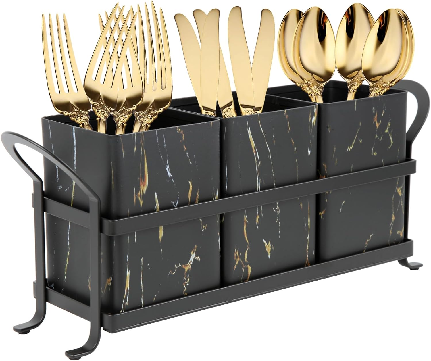 Kitchen Utensil holder for Countertop , Silverware Caddy ,Golden Marble Black Flatware Holder Utensil Cutlery Organizer for Party Gatherings, Metal and Durable Design