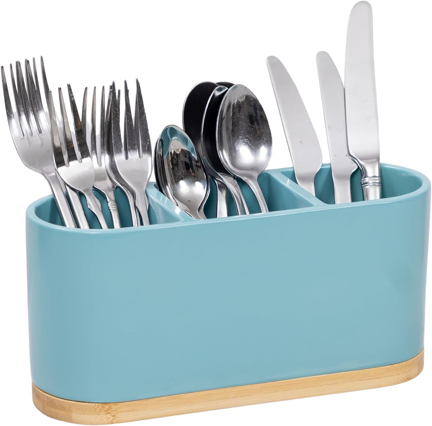 DAILY RITMO Turquoise Countertop Silverware Holder | Teal Oval Cutlery Caddy | Aqua Minimalistic Fork Spoon Knife Utensil Organizer | Blue Plastic Flatware Holder for Parties | Desk Organizer Caddy