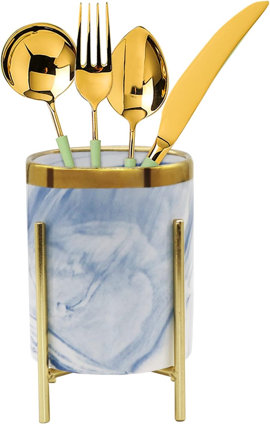 Rotating Marble Utensil Holder for Kitchen Countertop, Spoon Holder for Dining Table, Marble Ceramics with Durable Metal Frame 3.15 * 4.7 inch Blue and Gold