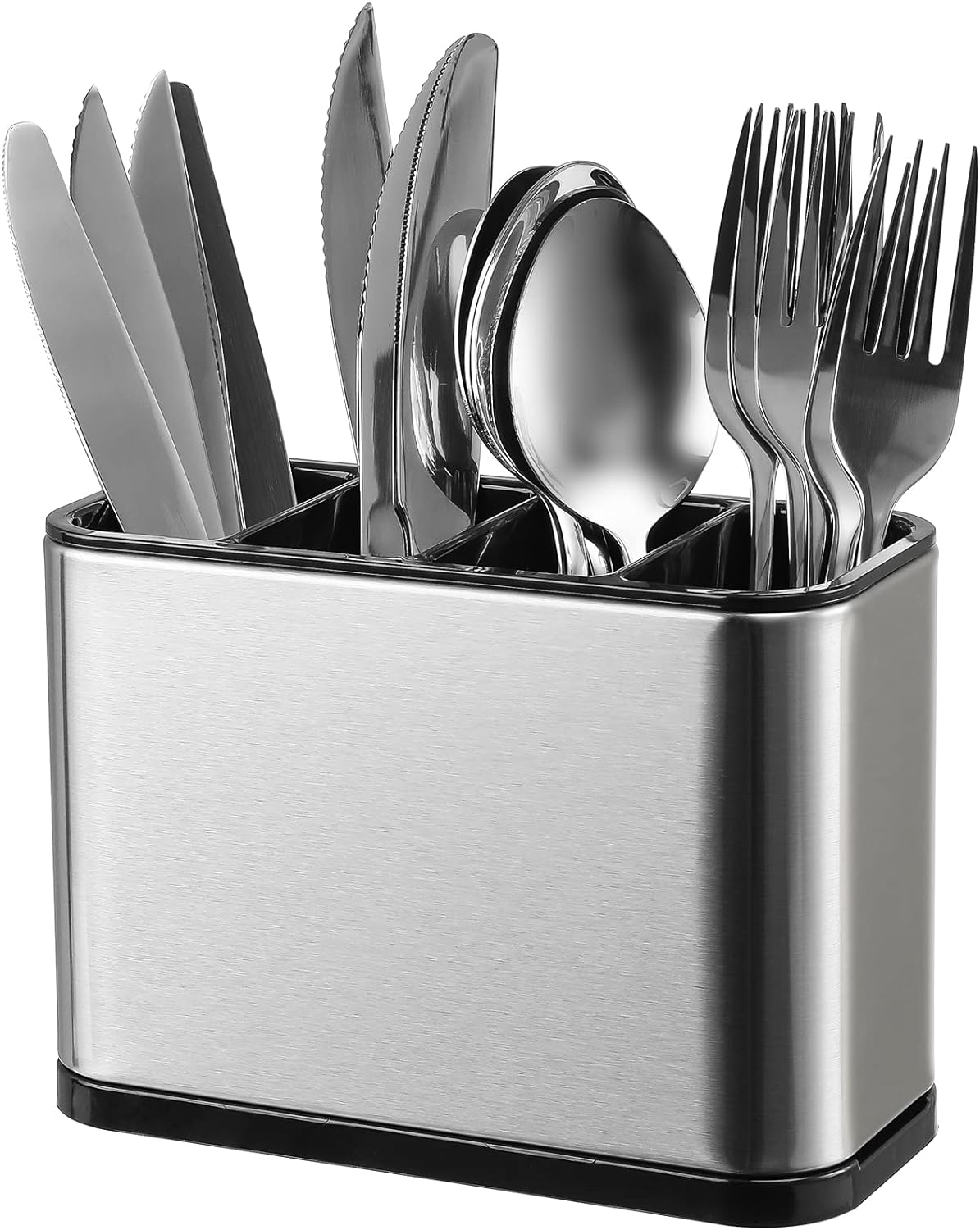 Kitchen Utensil Holder For Counter Organizer Stainless Steel 4 Compartments Storage Cooking Silverware Organizer Caddy Large Capacity Flatware Spoon Spatula Fork Gift (Silvery)