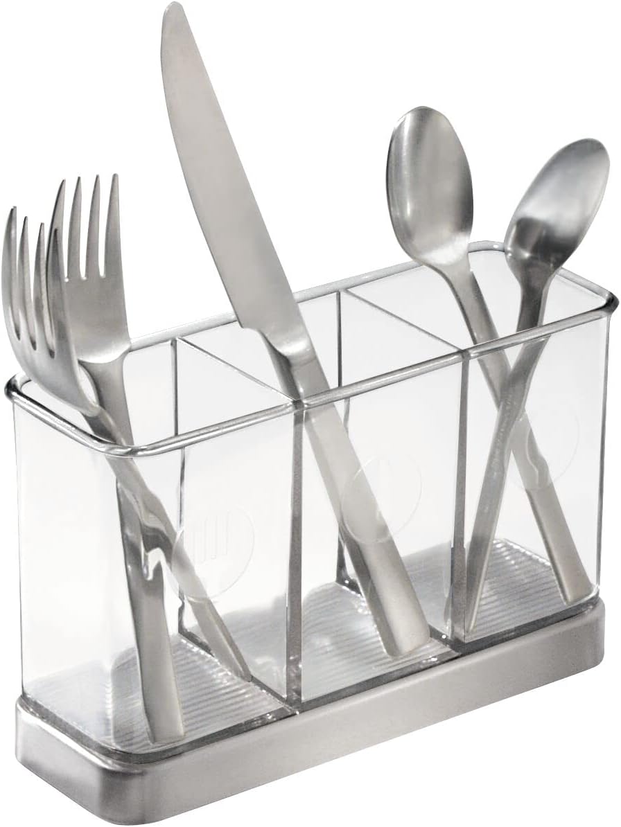 mDesign Plastic Cutlery Storage Organizer Caddy Bin for Kitchen Table, Cabinet or Pantry - Holds Forks, Knives, Spoons, Serving Utensils - Indoor or Outdoor Use, 3 Sections - Clear/Chrome