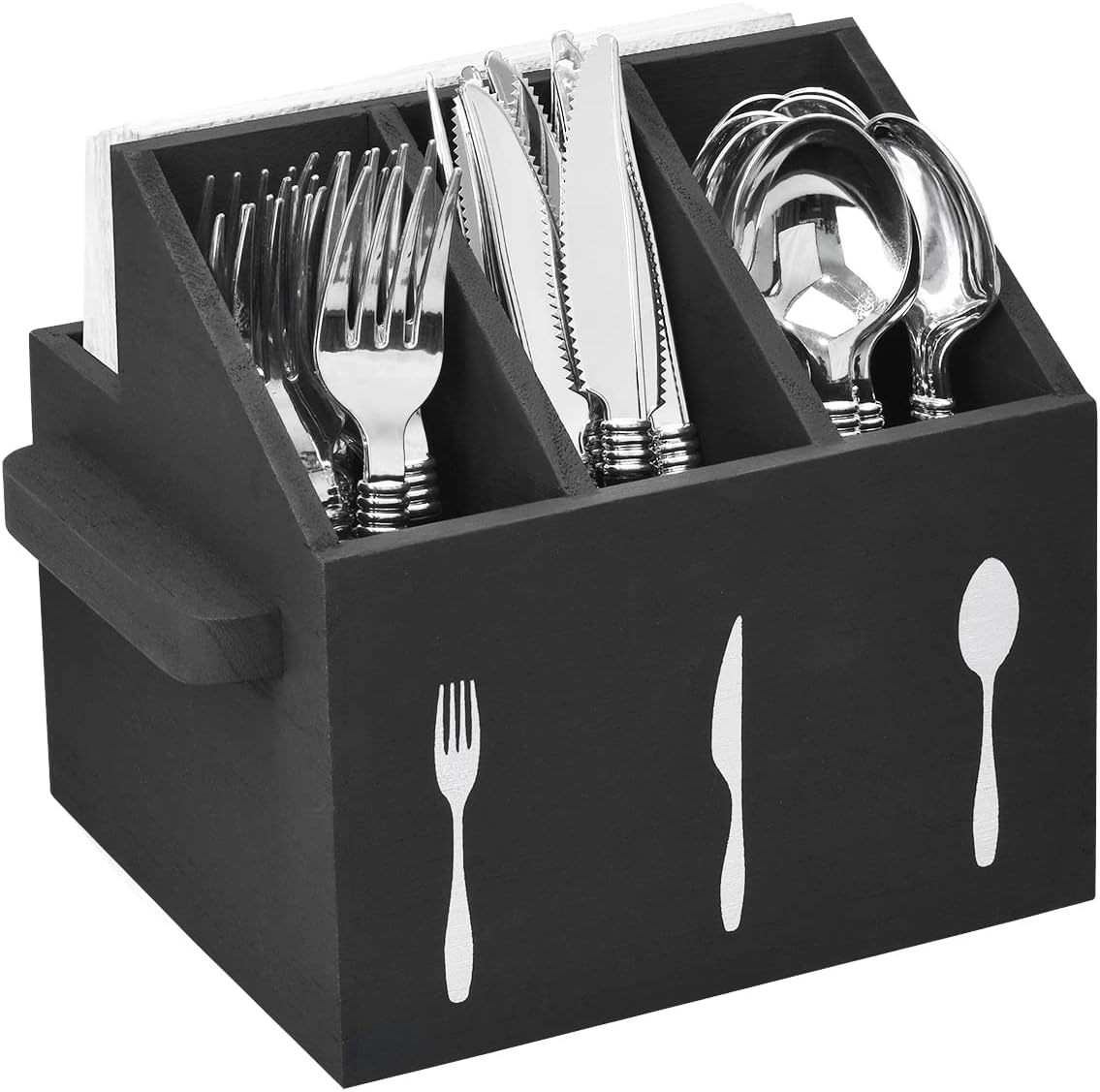 Ikee Design Wooden Utensil Caddy with Handles, Silverware Caddy , Silverware Holder for Countertop ,Party ,Camping and Kitchen, Silverware Organizer, Picnic Cutlery Holders , Black Color