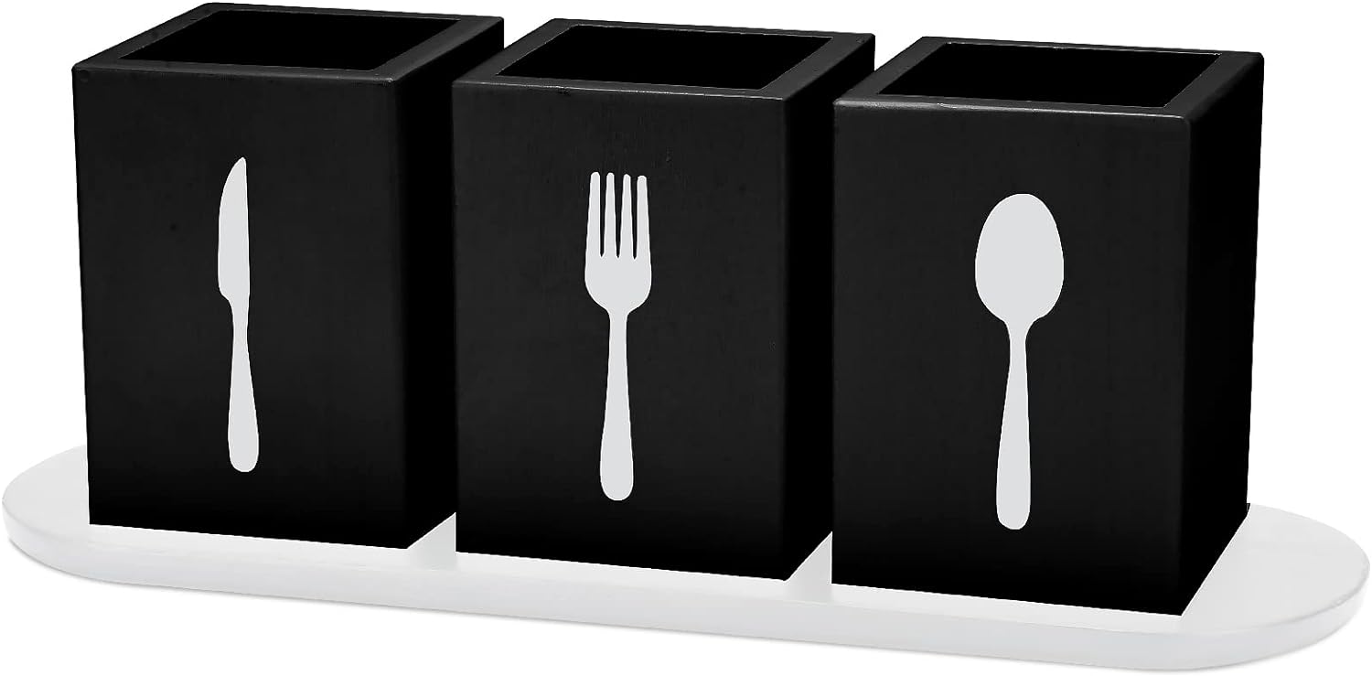 Kathfly 4 Pcs Silverware Caddy Utensil Holder for Countertop Silverware Organizer with Wood Tray Spoon Fork Holder for Kitchen Parties(Black)