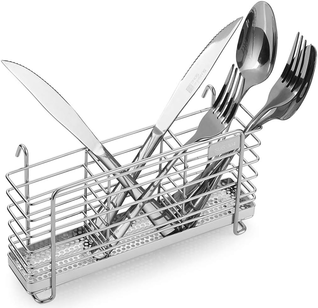 KESOL Sturdy 304 Stainless Steel Utensil Drying Rack Basket Holder with Hooks 3 Divided Compartments, Rust Proof, No Drilling