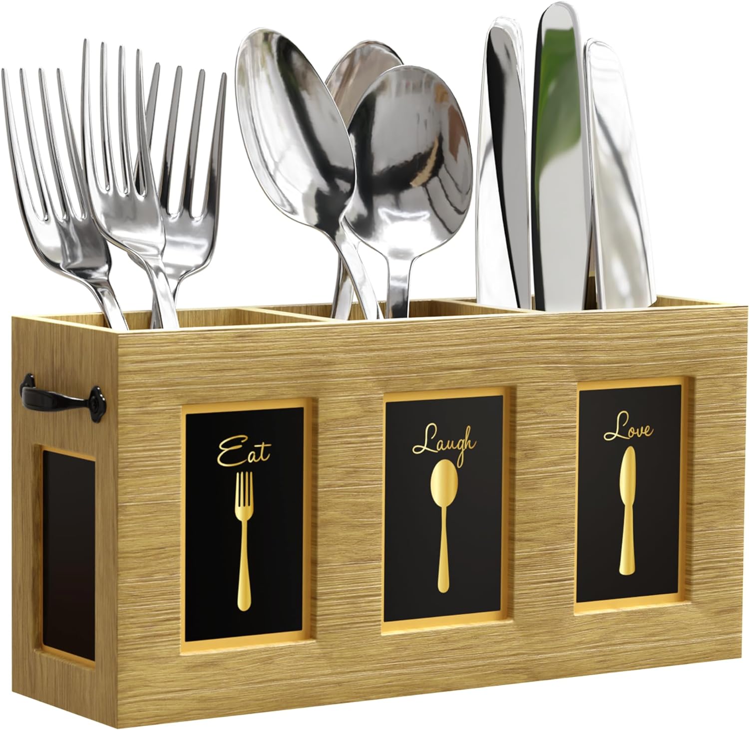 Bamboo Silverware Caddy, Cutlery Holder with Handle - 3 Compartment Utensil Holder and Easy to Clean Spoon Fork Knife Holder - Non-Slip utensil holder for kitchen counter and farmhouse kitchen dcor