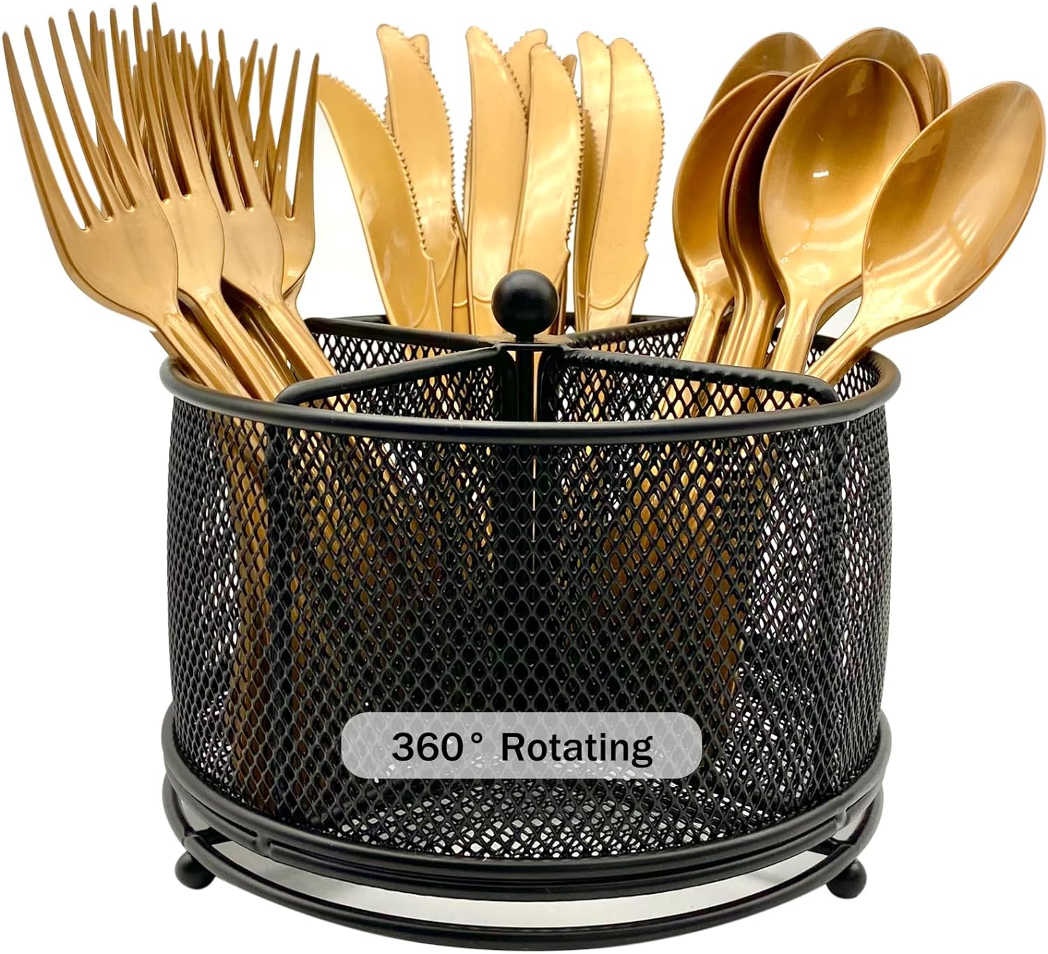 360 Rotating Metal Utensil Caddy - 4 Compartment Silverware Cutlery Holder Rotation Fork Spoon Napkin Organizer Flatware Storage Basket Party Countertop Buffet Picnic Camping Outdoor Black