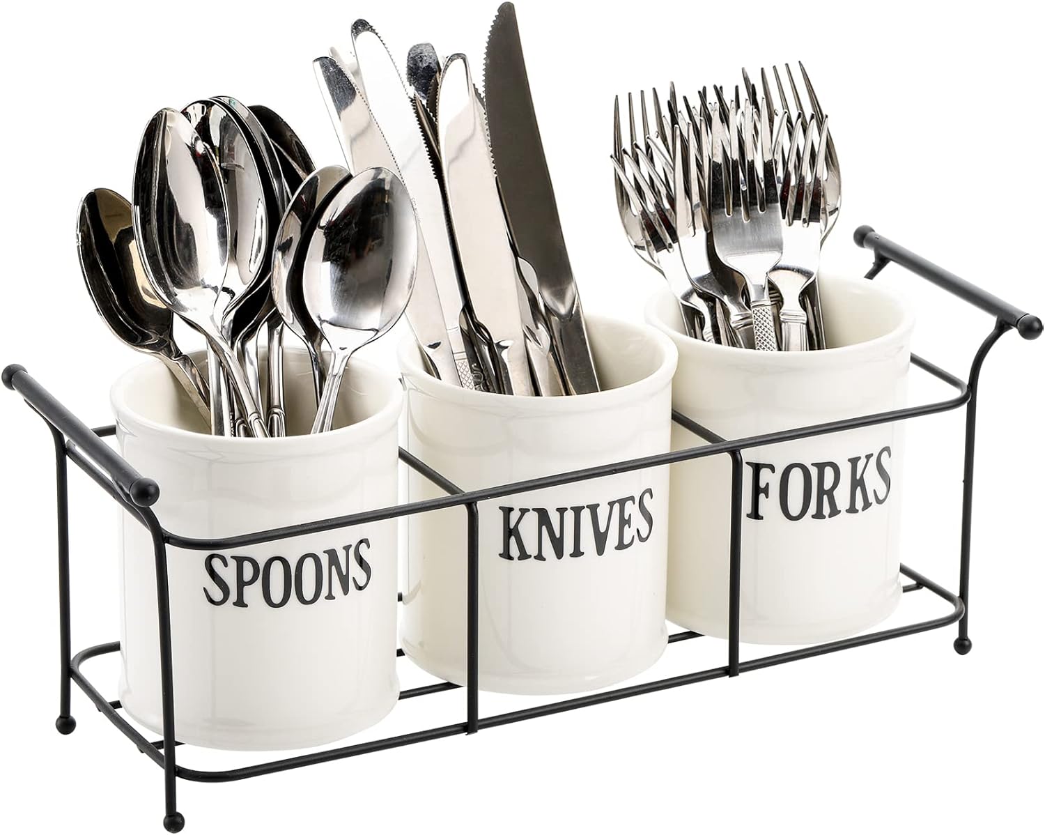 Bekith 3-Piece White Ceramic Silverware Caddy with Black Metal Rack, Utensil Holder Flatware Caddy Cutlery Storage Organizer for Kitchen Table, Cabinet or Pantry