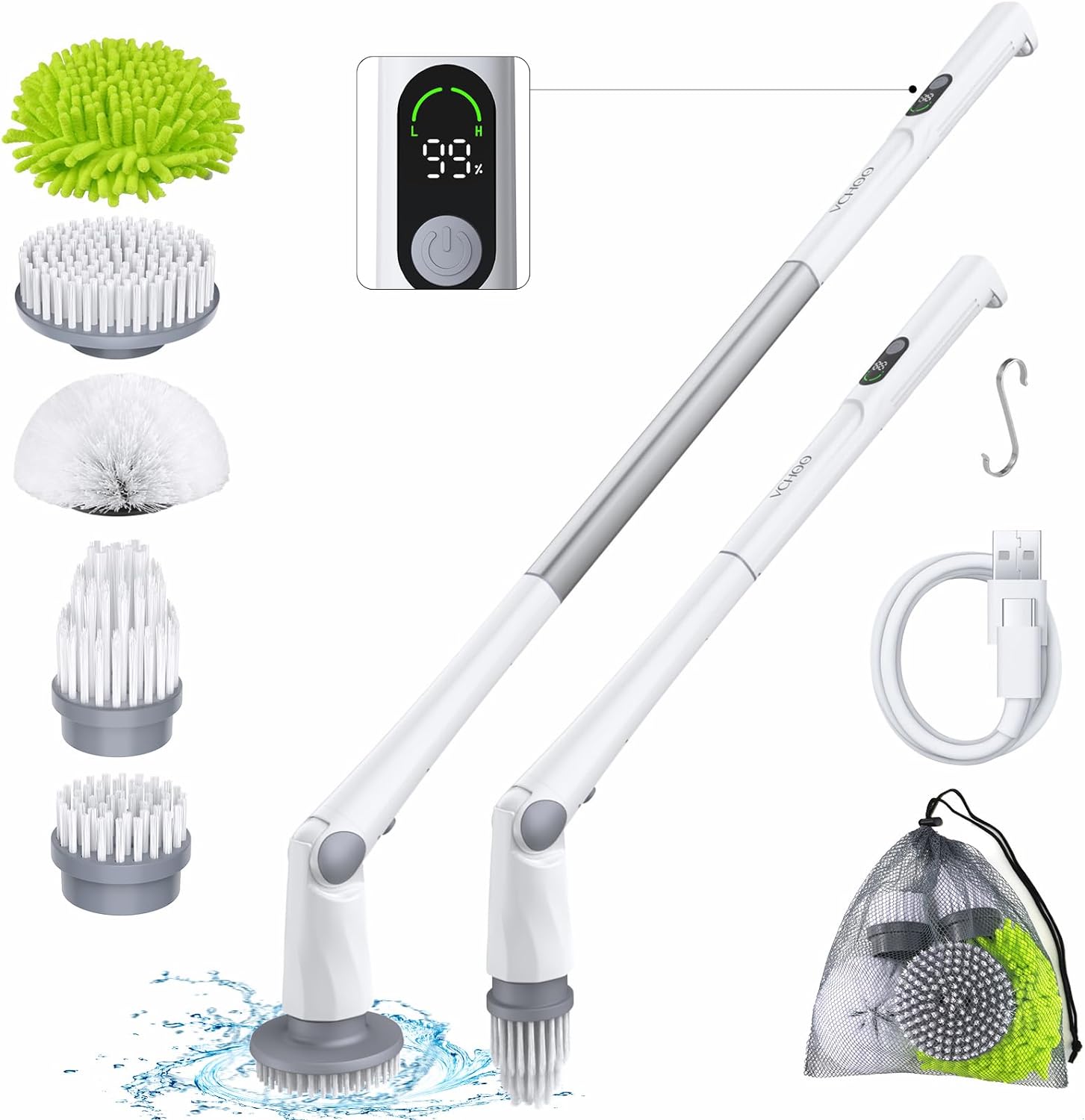 Electric Spin Scrubber 2024 Upgrade LED Display Shower Scrubber with Long Handle Cordless Cleaning Brush with 5 Replaceable IPX7 Heads Electric Scrubber for Cleaning Bathtub Grout Tile Floor