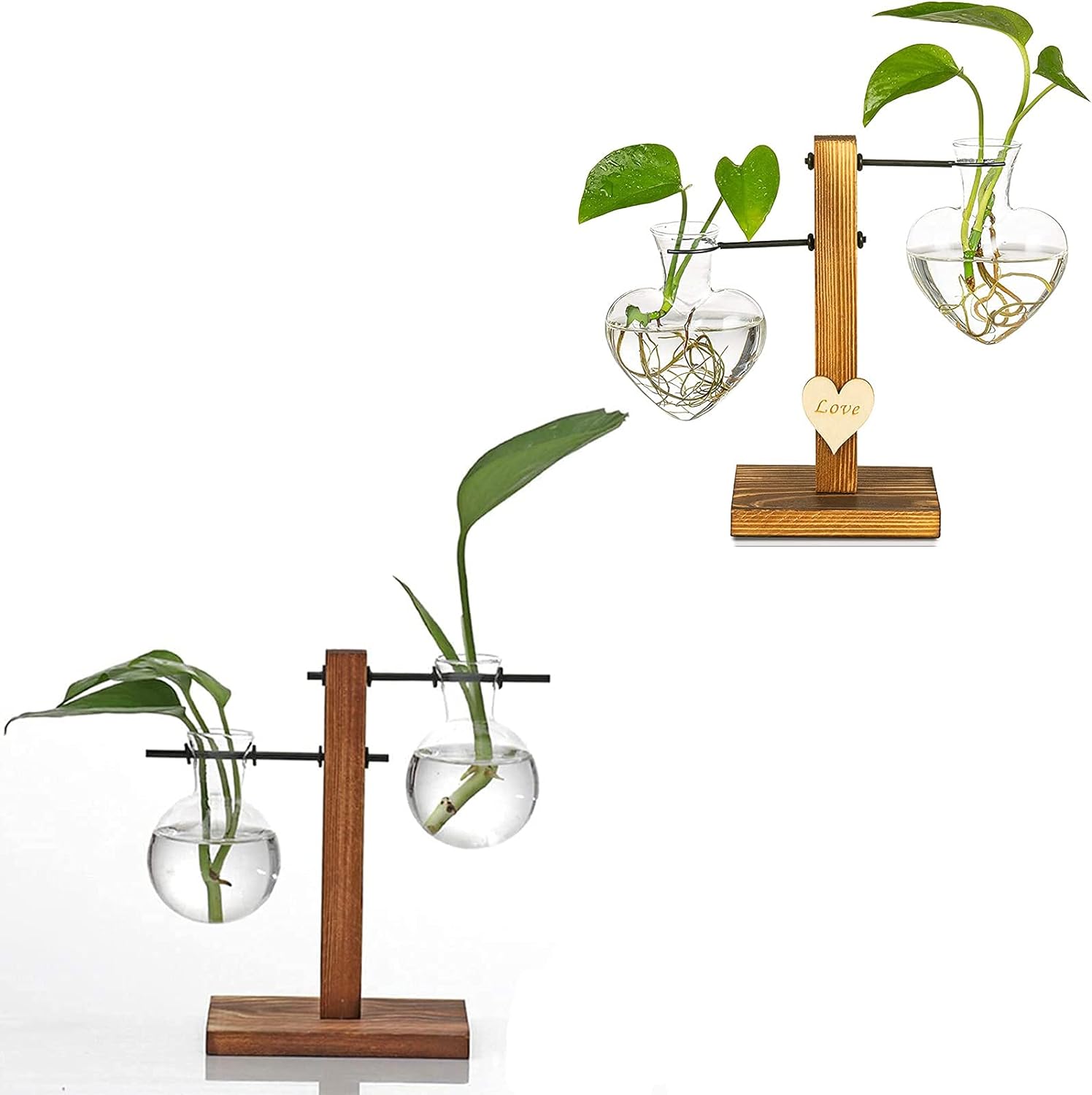 Kingbuy 2 Bulb Vase and 2 Heart Plant Terrarium with Vintage Wooden Stand and Metal Rotating Rod for Hydroponics Plants Propagation Station Desktop Glass Planter for Home Garden Decoration